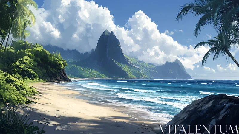 Tropical Island Peak Over Pristine Beach Waters.
