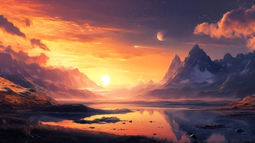 Twin-moon alpine sunset over reflective glacial valley lake.