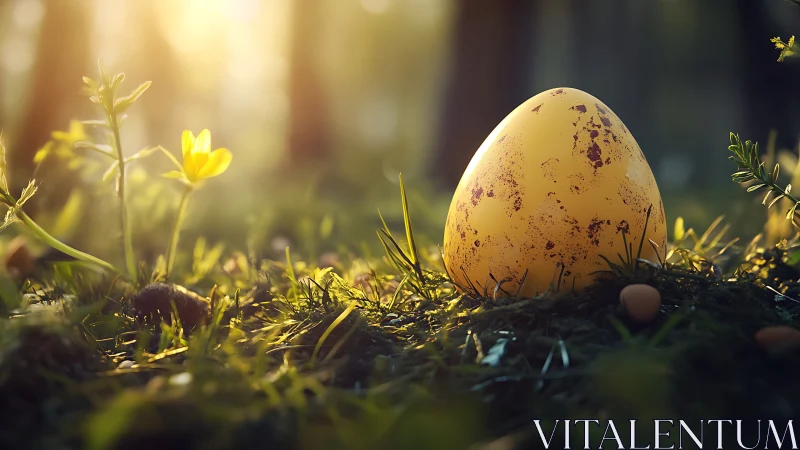 Speckled golden egg rests in sunlit forest floor bokeh