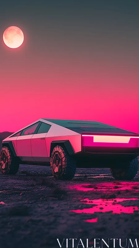 Futuristic truck glowing under a dreamy neon moonlit sky.