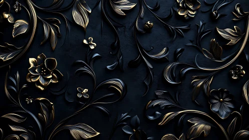 Metallic floral relief pattern covers a dark textured surface