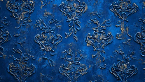 Ornate cobalt damask relief with gilded textural flourishes.
