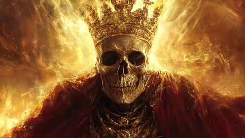 Crowned skeletal monarch emerges through molten golden light field