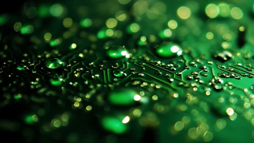 Macro circuitry with liquid droplets and luminous bokeh glow.