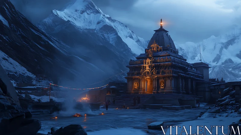 Snowbound mountain temple structure emits localized warm light