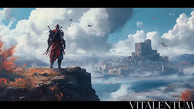 Lone armored wanderer surveying misty citadel vista.