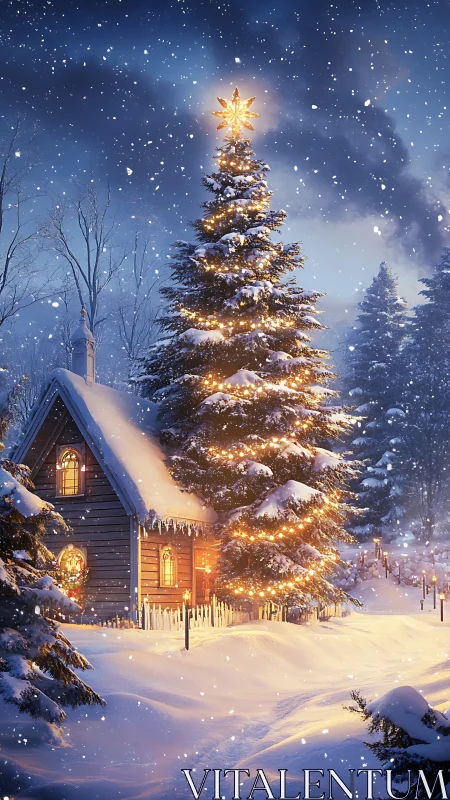 Cozy winter cottage glowing beside a magical Christmas tree.
