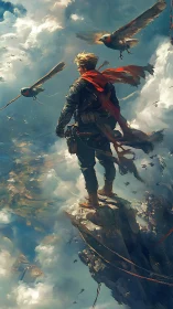 Solitary figure on cliff ledge overlooking aerial landscape.