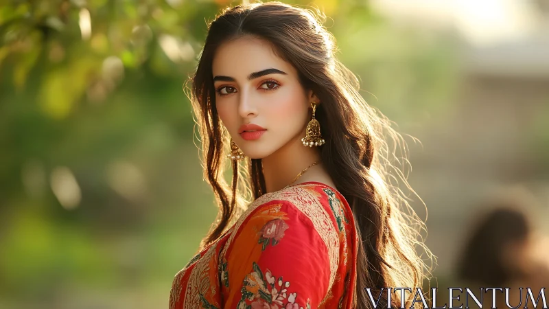 Woman in traditional attire outdoors at golden hour light.