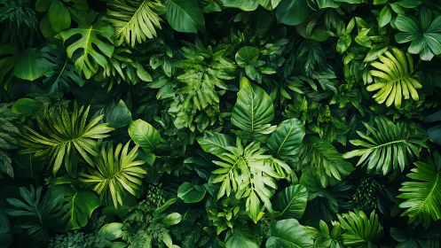 Lush tropical foliage pattern with layered green jungle leaves.