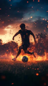 Soccer player kicks ball on fiery field at dramatic sunset