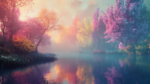Dreamlike pastel forest reflects softly across calm lake