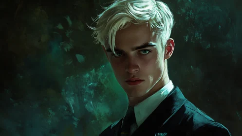 Blond male portrait in suit against dark teal abstract background