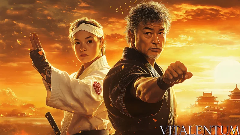 Martial arts mentors united under a blazing golden sunset.