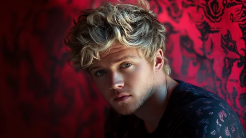Young man with blond hair gazes forward against red wall