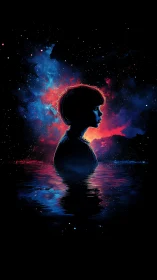 Silhouette of a child in cosmic water under nebula sky.