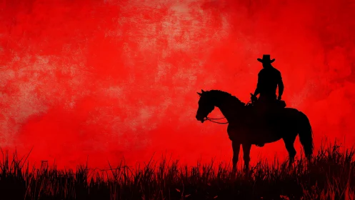 Lone cowboy on horseback rests under a bold red sky