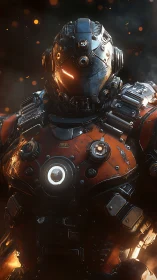 Armored exosuit sentinel in molten ember-lit battlefield.