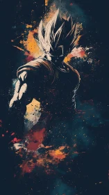 Dynamic anime warrior in splatter-textured vertical composition.