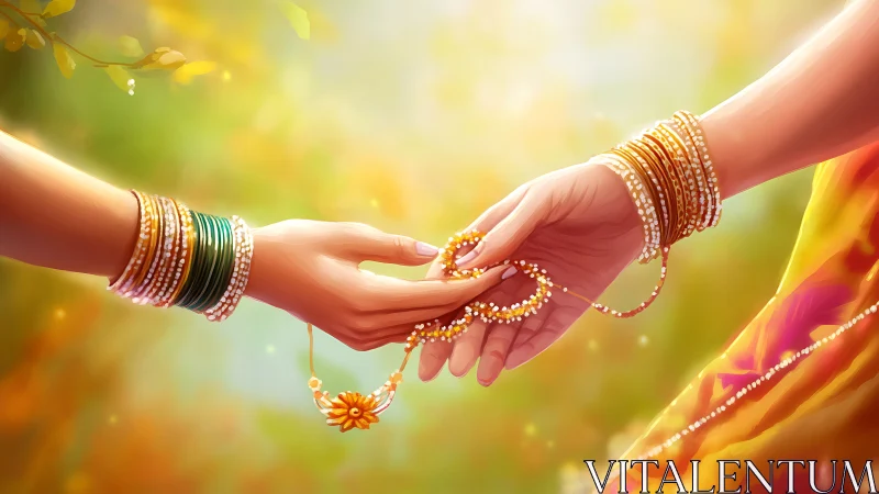 Two Hands Adorned with Golden Ornaments in Warm Light.