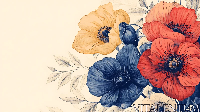Botanical illustration of vibrant poppies in red, gold, and navy.
