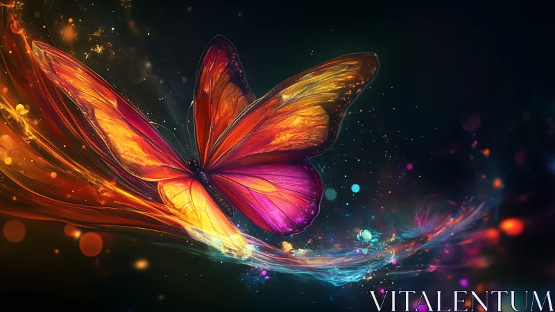 Vibrant glowing butterfly with swirling neon light trail.