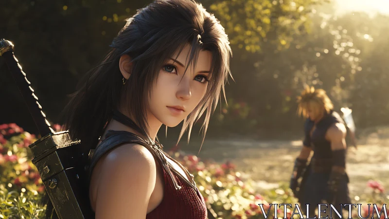 Sunlit swordswoman pausing in a quiet garden moment.