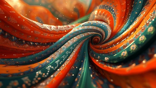 Swirling jeweled fabrics dance in a colorful, radiant spiral
