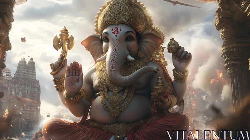 Elephant-headed deity statue rendered in ornate digital realism
