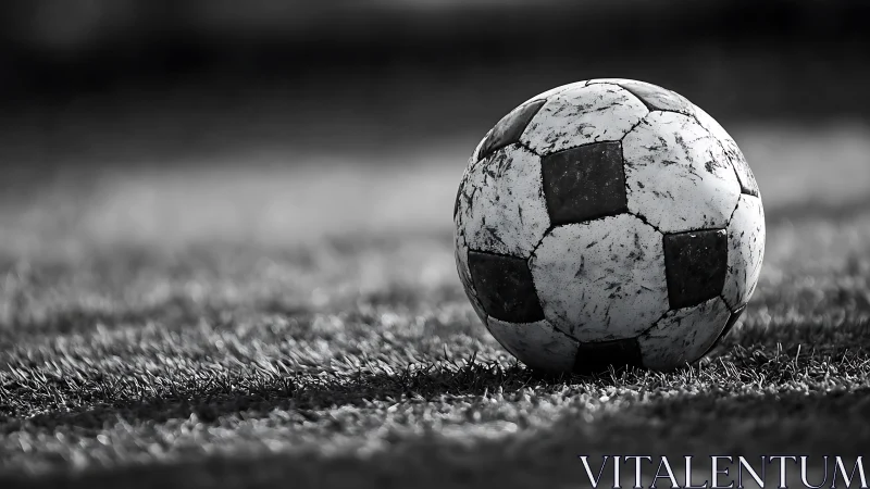 Weathered soccer ball on grass in stark monochrome light.