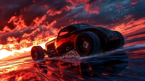 Retro hot rod accelerates across reflective wet surface at sunset