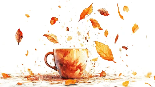 Autumnal ceramic coffee cup with swirling leaves on white field