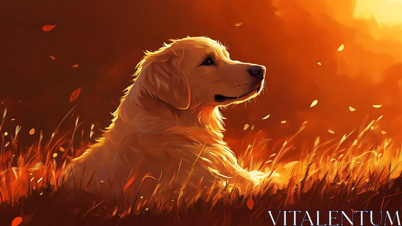 Golden daydream dog soaking in a wildfire sunset glow.