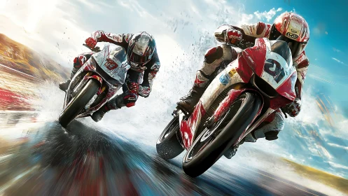 Motorcycle racers slice through wet tarmac in explosive speed