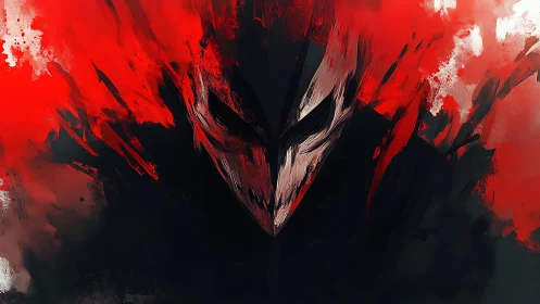 Masked figure emerging from abstract red and black chaos.