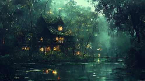 Glowing Manor Deep in Enchanted Forest Magic.