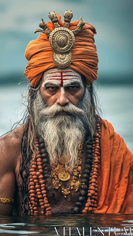 Regal ascetic in orange robes emerging from sacred waters.