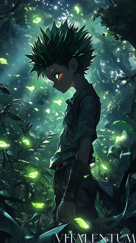 Bioluminescent forest portrait with intense anime figure gaze