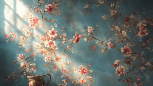Sunlit teal wall blossoms frame a vintage floral pitcher.