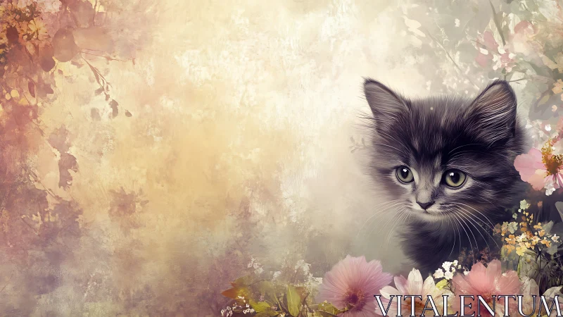 Black kitten portrait set against floral background with rendered effects