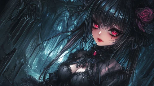 Midnight gothic girl watches softly with glowing ruby eyes