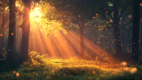 Sunlit forest clearing with warm glowing light rays.