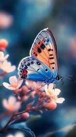 Blue and orange butterfly on soft pink flowers at dusk.