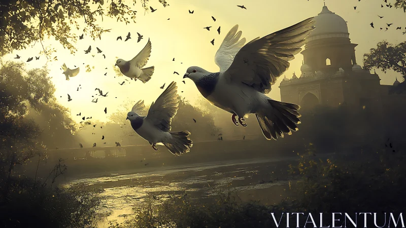 Golden morning flight of doves over a quiet riverside temple.
