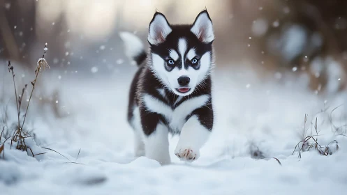 Siberian husky puppy moving forward through winter snowfield.
