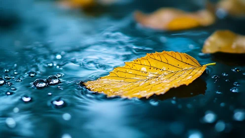 Golden leaf adrift on sapphire water in quiet autumn rain.