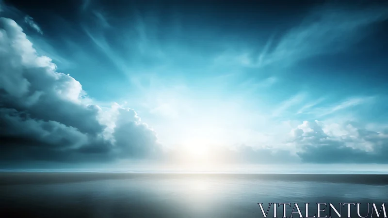 Ocean horizon at sunrise with dramatic cyan cloudscape.