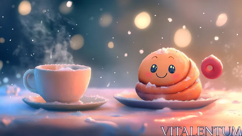 Snowy cocoa steam and smiling pastry swirl at dusk.