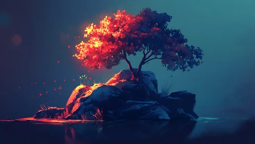 Luminous red tree crowns a tranquil twilight island scene.