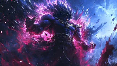 Cosmic warrior unleashes glowing violet power in space storm